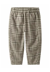 Geruite broek in lichtbruin, donkerbruin en crème. Elastische tailleband, taps toelopende vorm, zachte textuur, met een ruitpatroon door het hele kledingstuk.