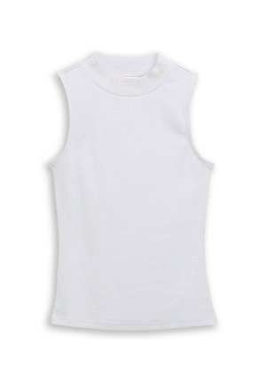 Top bianco senza maniche con collo alto. Realizzato in morbido misto cotone. Presenta una texture liscia e un design semplice e aderente.