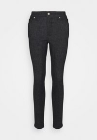 Vaqueros skinny de mezclilla negra con una cintura de media altura, diseño de cinco bolsillos y detalle de botón plateado en la parte delantera, con una textura suave.