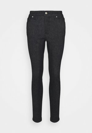 Czarne dżinsy skinny z średnim stanem, pięcioma kieszeniami i srebrnym guzikiem z przodu, z gładką teksturą.