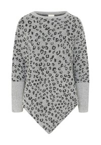 Grauer Pullover mit Leopardenmuster, Rundhalsausschnitt, langen Ärmeln und strukturiertem, asymmetrischem Saum.