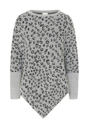 Pull gris avec un motif léopard, présentant un col arrondi, des manches longues et un ourlet asymétrique texturé.