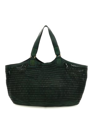Grande borsa a mano verde scuro con motivo traforato e due ampie tracolle, realizzata in pelle o materiale simile.