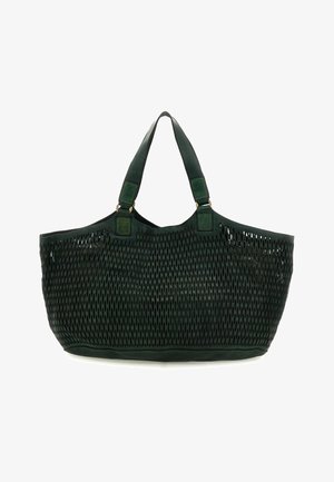 Grande borsa a mano verde scuro con motivo traforato e due ampie tracolle, realizzata in pelle o materiale simile.