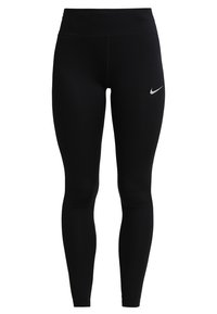 Černé legíny vyrobené z elastického materiálu s vysokým pasem. Obsahují malé stříbrné logo Nike na levém boku. Hladký povrch.