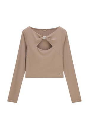 Top cropped a maniche lunghe color beige con dettaglio intrecciato sul davanti e decorazione argentata sull'apertura al collo.