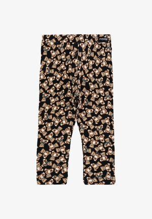 Katoenen leggings met een zwarte achtergrond, voorzien van een herhaald teddybeerpatroon in tinten bruin en crème. Zachte, rekbare textuur.