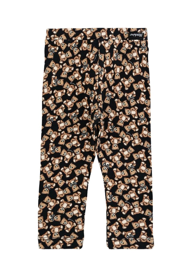 Legginsy bawełniane na czarnym tle, z powtarzającym się wzorem misiów w odcieniach brązu i kremu. Miękka, elastyczna tekstura.