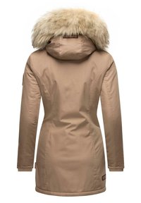 Beige parka met nepbont capuchon, slim fit, gladde stof en geribbelde manchetten. Bevat een logo patch op de linkermouw.