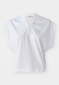 White short-sleeve top made of cotton, featuring a round neck with a keyhole detail and a relaxed, boxy fit. Smooth texture with a solid color.