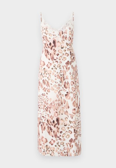 Midi-mekko leopardikuvioinnilla pehmeässä kankaassa, jossa on säädettävät olkaimet ja herkät pitsireunat kaula-aukossa. Värimaailma: beige, ruskea, vaalea vaaleanpunainen.