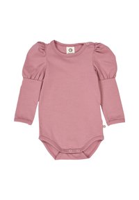 Long-sleeve bodysuit in soft pink fabric, featuring puff sleeves, a round neckline, and snap button closures at the bottom. Smooth texture.
