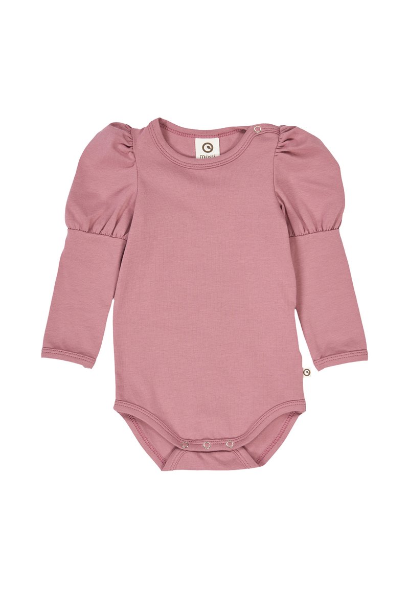 Long-sleeve bodysuit in soft pink fabric, featuring puff sleeves, a round neckline, and snap button closures at the bottom. Smooth texture.