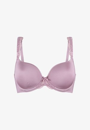 Roze grudnjak od glatkog materijala, s čipkastim obrubom duž rubova i mašnom u sredini. Podesive naramenice za prilagodbu i potporu.