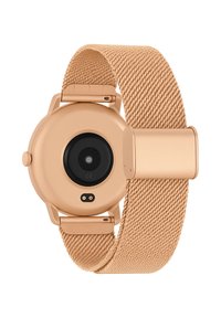 Montre connectée ronde avec un boîtier en métal doré, un verre capteur noir et un bracelet tissé beige. Présente un design minimaliste et une interface simple.