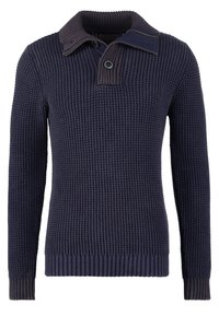 Granatowy sweter robiony na drutach z prążkowanym kołnierzem i mankietami, z suwakiem na ćwierć długości z przodu oraz teksturowanym wzorem na ciele.