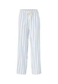 Lichte, ademende katoenen pyjamabroeken met verticale blauwe en witte strepen, elastische tailleband en verstelbare trekkoord.