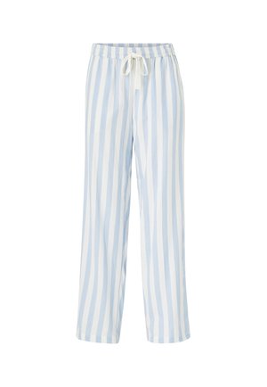 Lehké, prodyšné bavlněné pyžamové kalhoty s vertikálními modro-bílými pruhy, elastickým pasem a nastavitelnou šňůrkou.