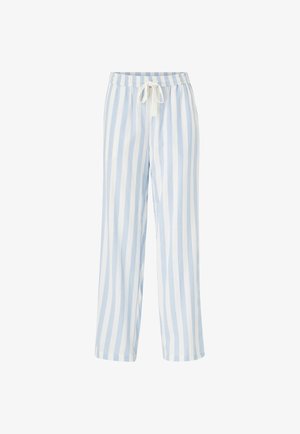 Pantalones de pijama de algodón ligeros y transpirables con rayas verticales azules y blancas, cinturilla elástica y cordón ajustable.