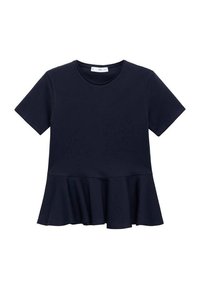 Top peplo blu navy a maniche corte con scollatura rotonda e dettaglio in vita svasato, disposto in piano su uno sfondo bianco.