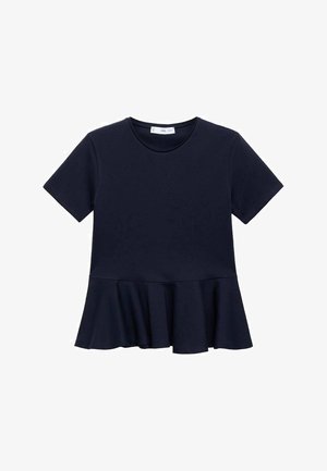 Bluză peplum de culoare bleu marin, cu mâneci scurte și decolteu rotund, având detalii cu talie flared, așezată pe un fundal alb.