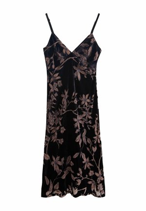 Schwarzes Samtkleid mit floralen Stickereien in Hellrosa, dünnen verstellbaren Trägern und einem weichen, strukturierten Stoff.