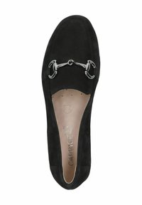 Fekete velúr slip-on cipő ezüst lánc díszítéssel a lábfején, kerek orral és sima bélés belsővel.