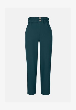 Pantaloni larghi in verde petrolio con vita elasticizzata, due bottoni in vita e tasche laterali, realizzati in un tessuto leggero e liscio.
