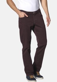 Maroon cotton trousers with a straight-leg design, featuring five pockets, a button closure, and contrasting white stitching.