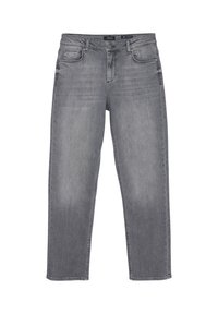 Szare dżinsy mają prostą nogawkę, pięć kieszeni oraz delikatne przetarcia. Wykonane z trwałego materiału, z klasycznym zapięciem na guziki i szlufkami na pasek.