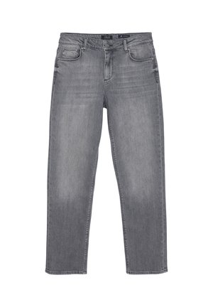 Grijze denim jeans hebben een rechte pijpdesign, vijf-pocketstijl en een lichte vervaging. Stevig materiaal met een klassieke knoopsluiting en riemlussen.