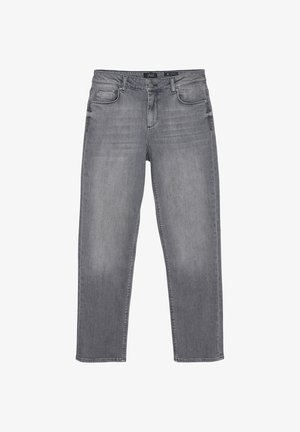 Grijze denim jeans hebben een rechte pijpdesign, vijf-pocketstijl en een lichte vervaging. Stevig materiaal met een klassieke knoopsluiting en riemlussen.