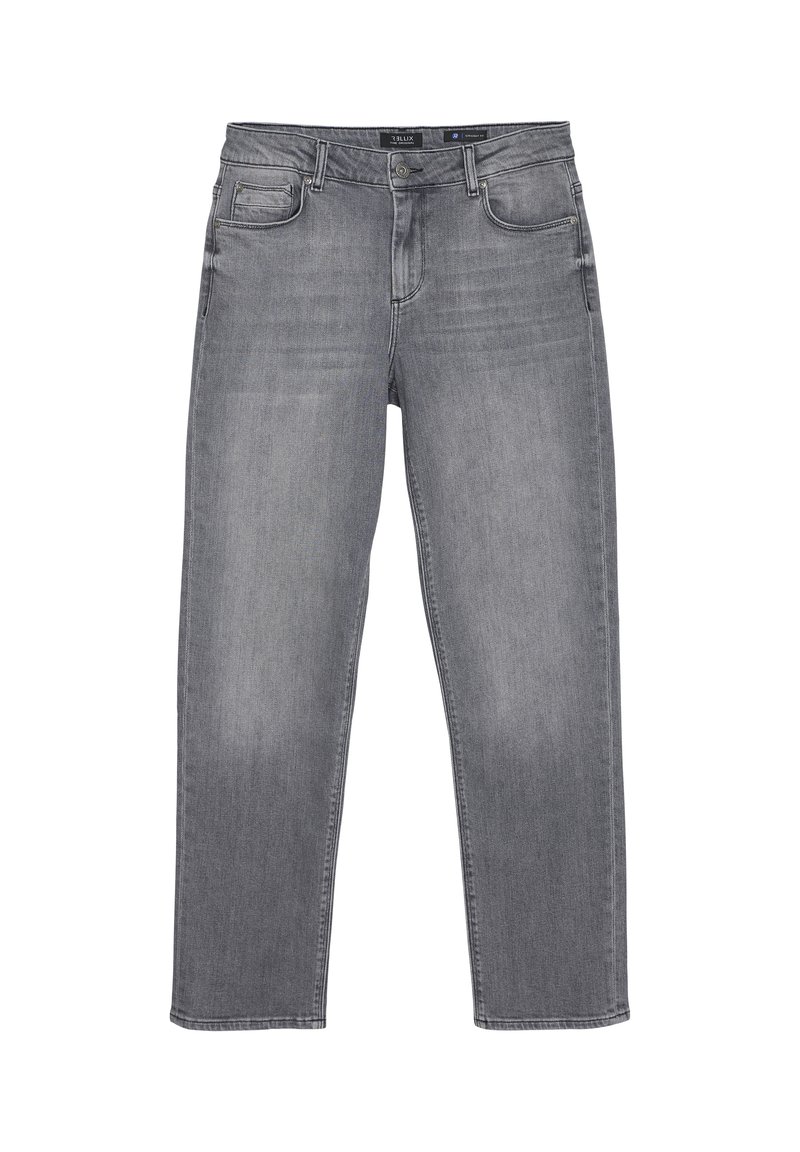 Szare dżinsy mają prostą nogawkę, pięć kieszeni oraz delikatne przetarcia. Wykonane z trwałego materiału, z klasycznym zapięciem na guziki i szlufkami na pasek.