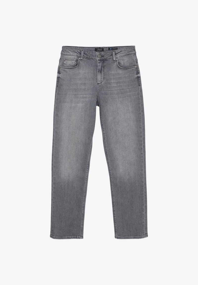 Szare dżinsy mają prostą nogawkę, pięć kieszeni oraz delikatne przetarcia. Wykonane z trwałego materiału, z klasycznym zapięciem na guziki i szlufkami na pasek.