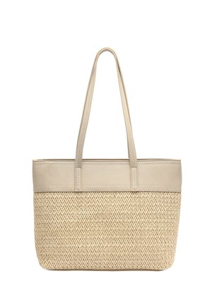 Beežist värvi kandekott, mille alumine osa on valmistatud punutud heinast ja ülemine osa sileastnahast, kahe pika nahast õlapaelaga.