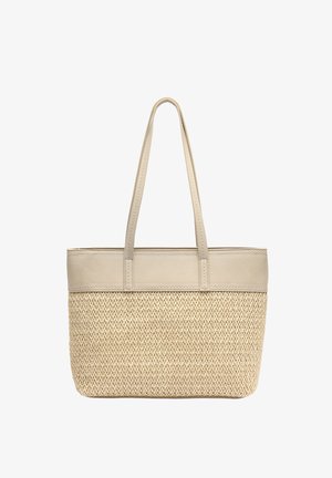 Beežist värvi kandekott, mille alumine osa on valmistatud punutud heinast ja ülemine osa sileastnahast, kahe pika nahast õlapaelaga.