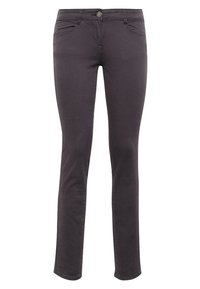 Tmavě šedé slim-fit džíny vyrobené z bavlněné směsi s mírným elastanem, s předními kapsami, zapínáním na knoflík a středně vysokým pasem.