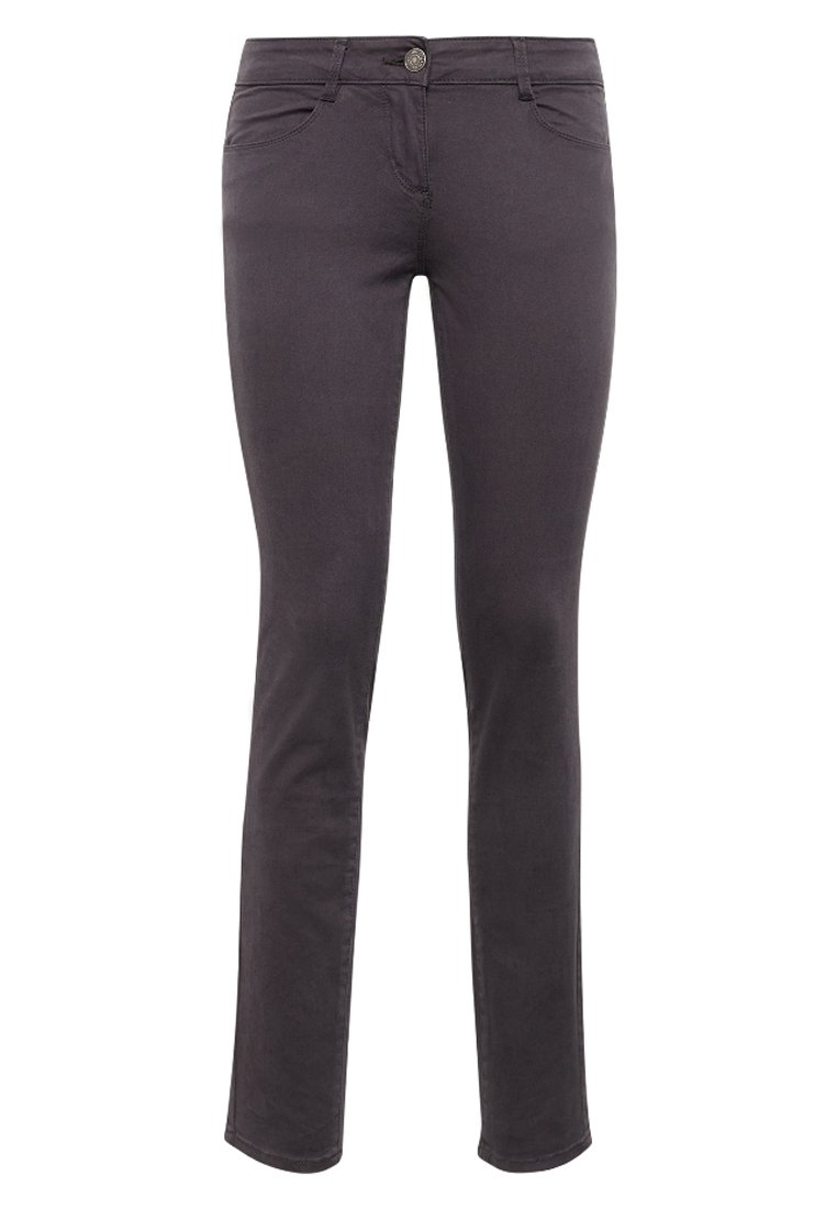 Tmavě šedé slim-fit džíny vyrobené z bavlněné směsi s mírným elastanem, s předními kapsami, zapínáním na knoflík a středně vysokým pasem.