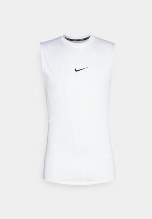 Maglietta atletica senza maniche di colore bianco, realizzata in tessuto morbido. Presenta un logo Nike nero sul petto e un collo rotondo.