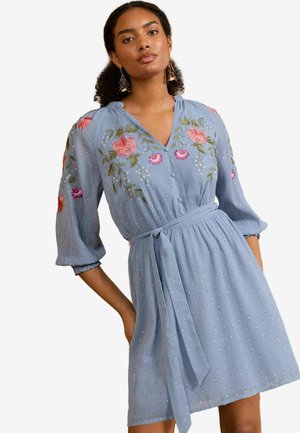REGULAR FIT - EMBROIDERED BELTED 3/4 SLEEVE MINI  - Day dress - blue metallic