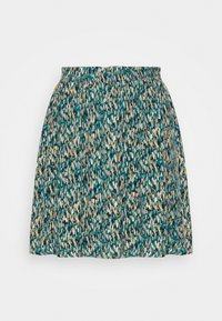 Jupe plissée abstraite à pois teal, beige, noir et blanc, avec une taille élastique, longueur genou, style décontracté.