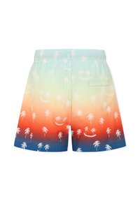 Färgglada badshorts med en gradient från ljusgrön till orange, dekorerade med vita palmträdsgrafiker och en bakficka.
