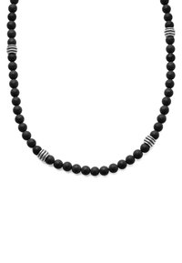 Black bead necklace featuring matte round beads with silver-tone spacers. The design is uniform with alternating patterns of beads and spacers.
