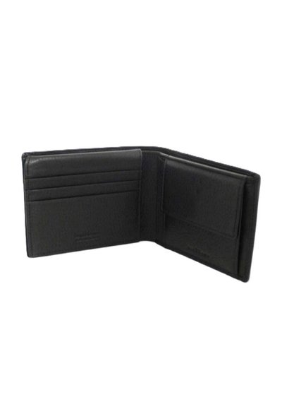 Portafoglio in pelle nera con finitura testurizzata, dotato di più scomparti per carte e un compartimento per contanti o ulteriori carte.