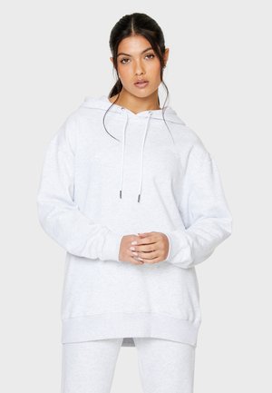 Helle graue Hoodie aus weichem Stoff, mit einer vorderen Kängurutasche, Kapuze mit Kordelzug und gerippten Bündchen und Saum.