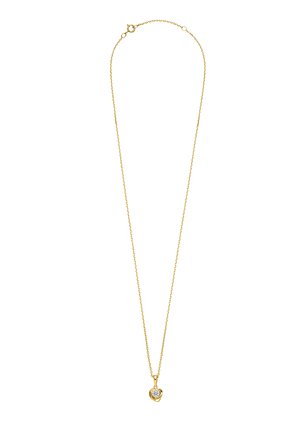 Gold-toned necklace featuring a delicate chain and a heart-shaped pendant with a clear gemstone at the center. Clean design and polished finish.
