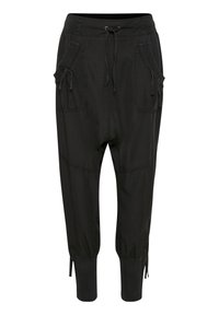 Pantalons de jogging noirs avec taille à cordon, deux poches avant et poignets élastiques aux chevilles. Tissu doux avec une texture lisse.