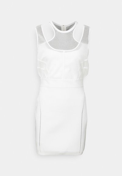 Λευκό αμάνικο φόρεμα με διχτυωτές λωρίδες στους ώμους, εφαρμοστό σχέδιο και υφή υφάσματος. Διαθέτει στρογγυλή λαιμόκοψη και φερμουάρ πίσω.