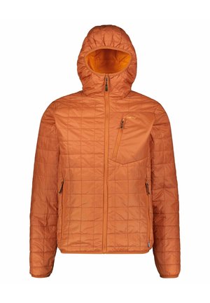 Oranssi tikattu hupparitakki, jossa etutaskun vetoketju, kaksi sivutaskua ja rintatasku vetoketjulla, suunniteltu ulkoilukäyttöön.