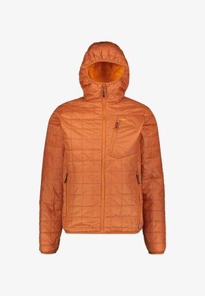 Pikowana pomarańczowa kurtka z kapturem, z przednim zamkiem błyskawicznym, dwoma bocznymi kieszeniami oraz zapinaną na zamek kieszenią na piersi, zaprojektowana do noszenia na zewnątrz.